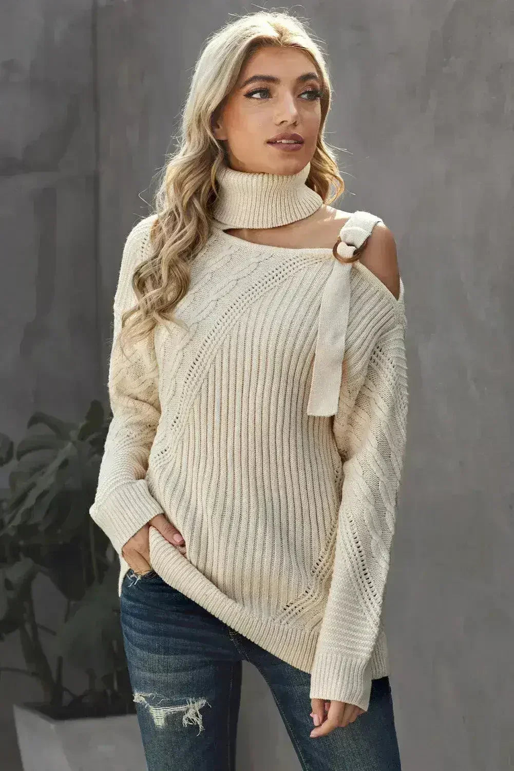 Women's Apricot Strapped Cut out Shoulder Turtleneck Sweater - SJB-DIAMOND ELITES