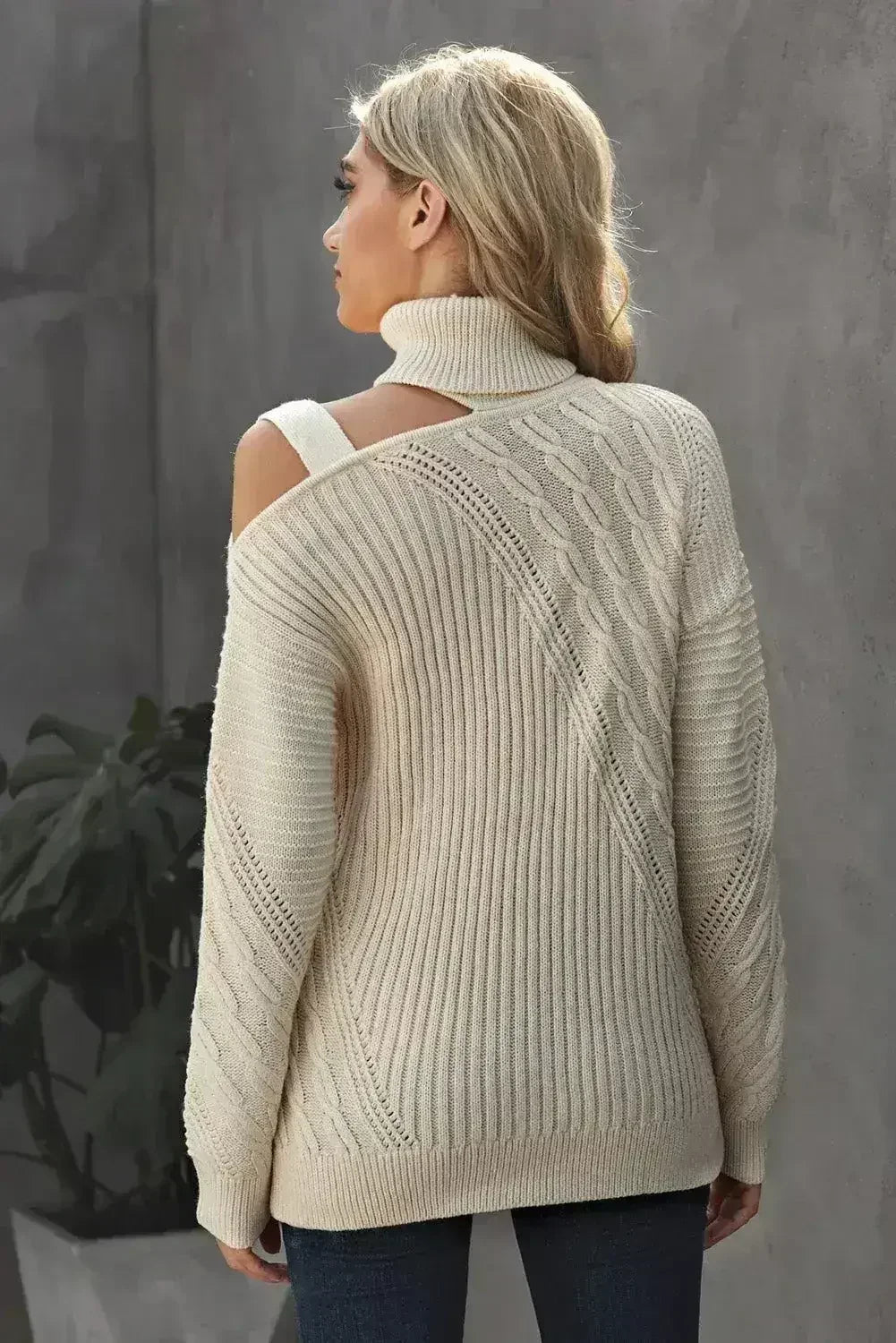 Women's Apricot Strapped Cut out Shoulder Turtleneck Sweater - SJB-DIAMOND ELITES