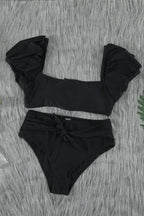Black Bubble Sleeves Square Neck High Waist Bikini