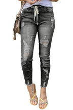 Women's Fashion Gray Drawstring Elastic Waist Hole Ripped Jeans