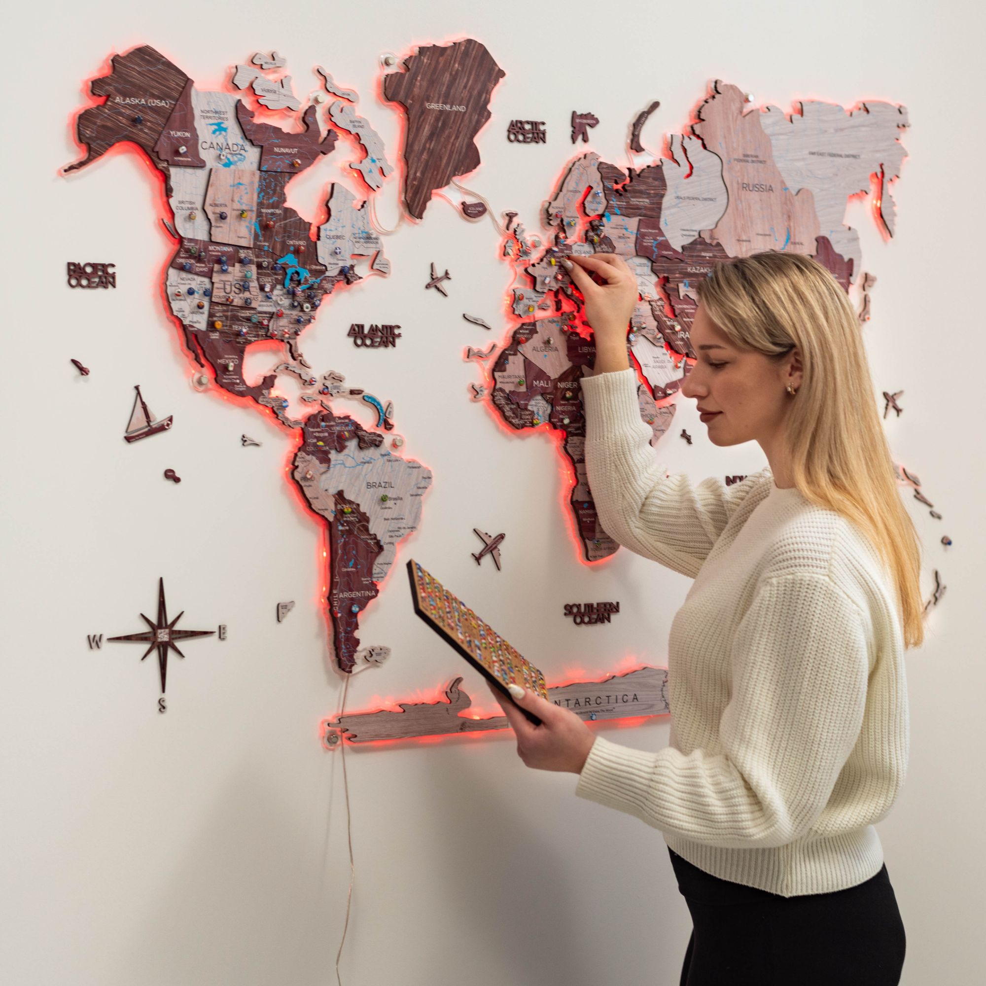 3D LUMINOUS LED Wooden World Map 2.0 Cappuccino Enjoy The Wood
