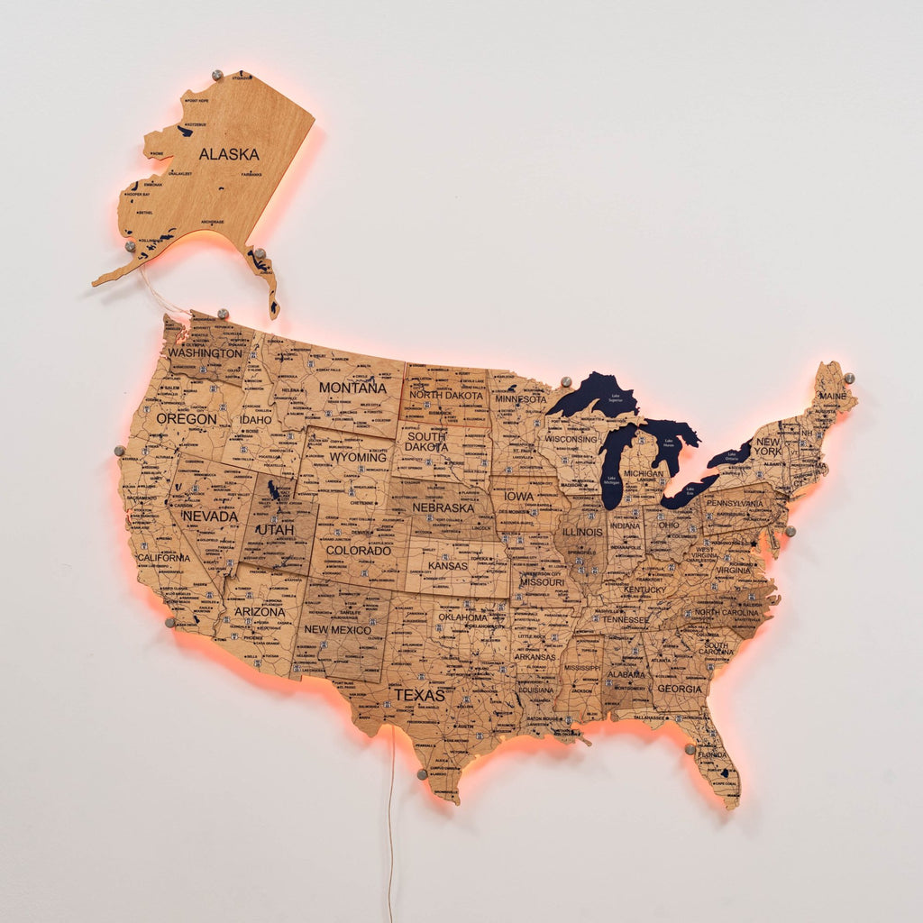 Wooden 3d LED Map of USA  - Gold - SJB-DIAMOND ELITES