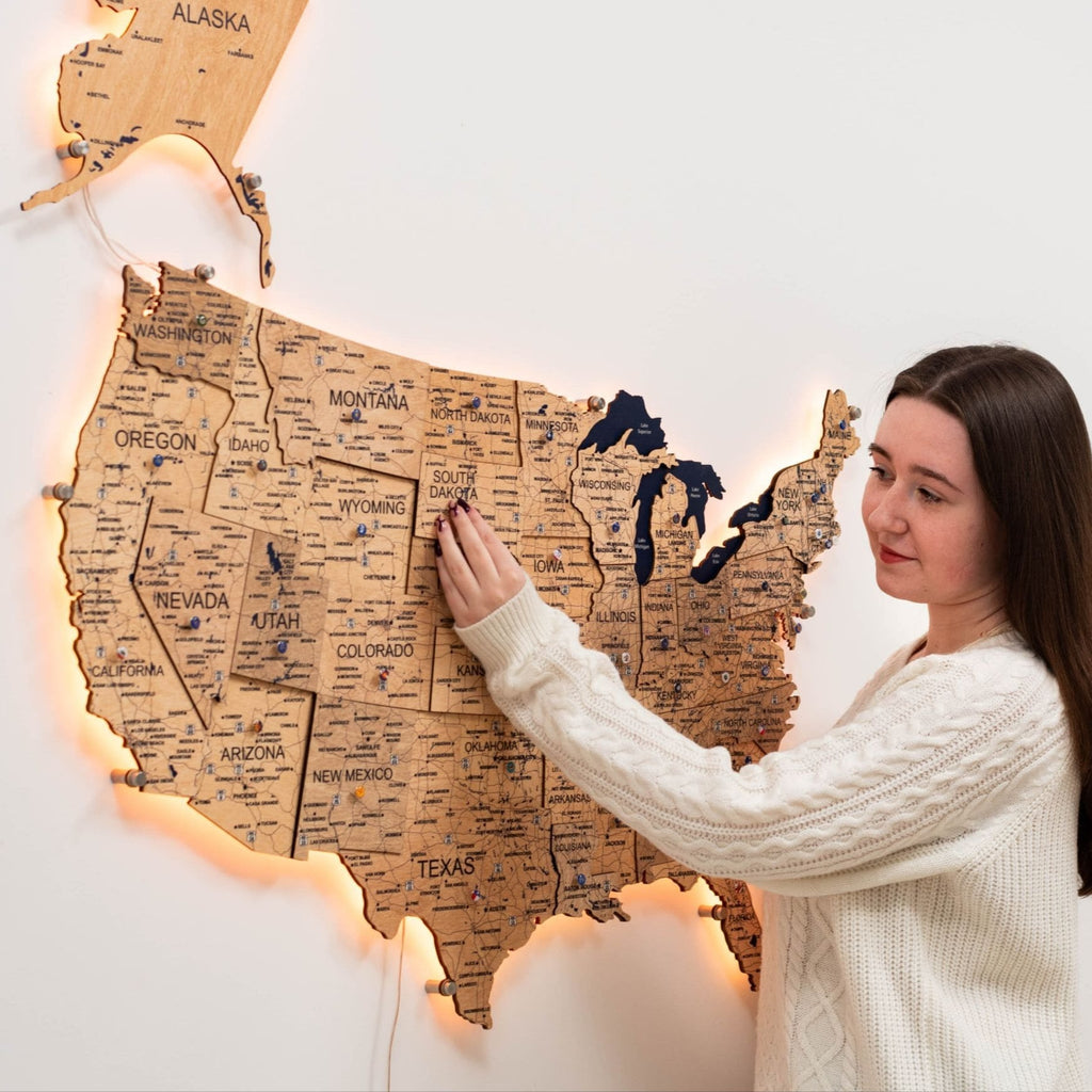 Wooden 3d LED Map of USA  - Gold - SJB-DIAMOND ELITES