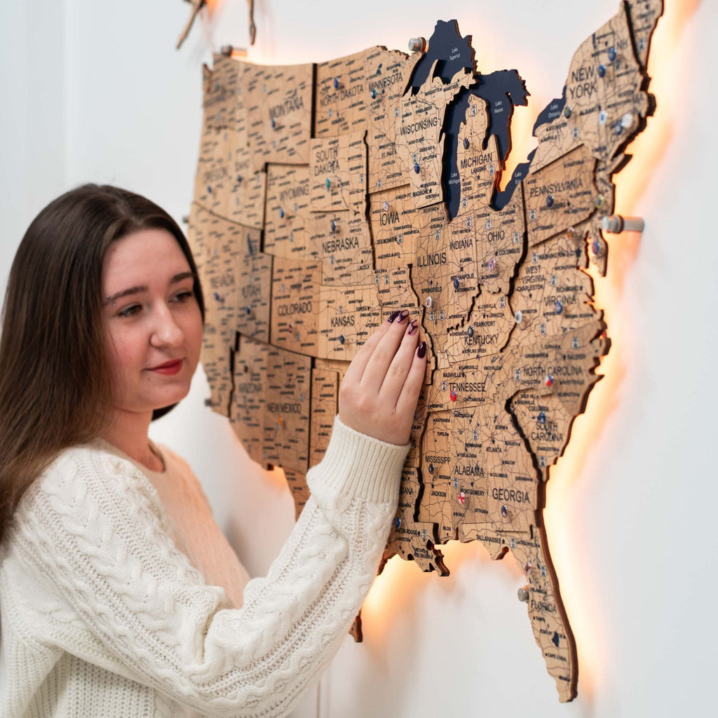 Wooden 3d LED Map of USA  - Gold - SJB-DIAMOND ELITES