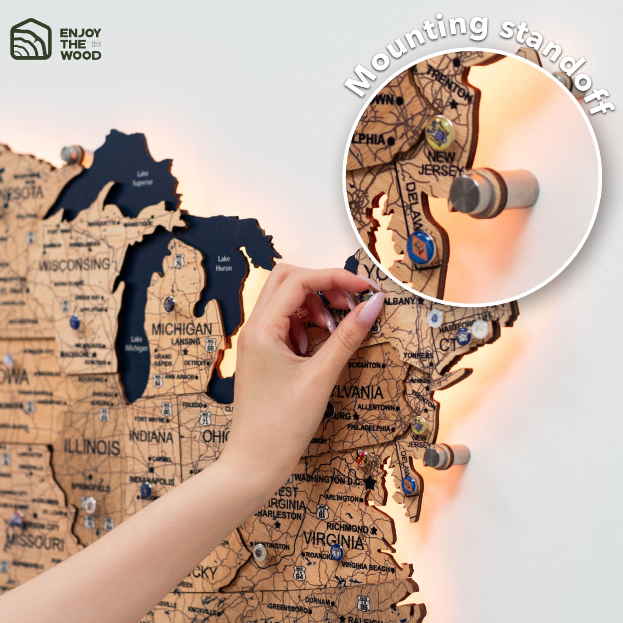 Wooden 3d LED Map of USA  - Gold - SJB-DIAMOND ELITES