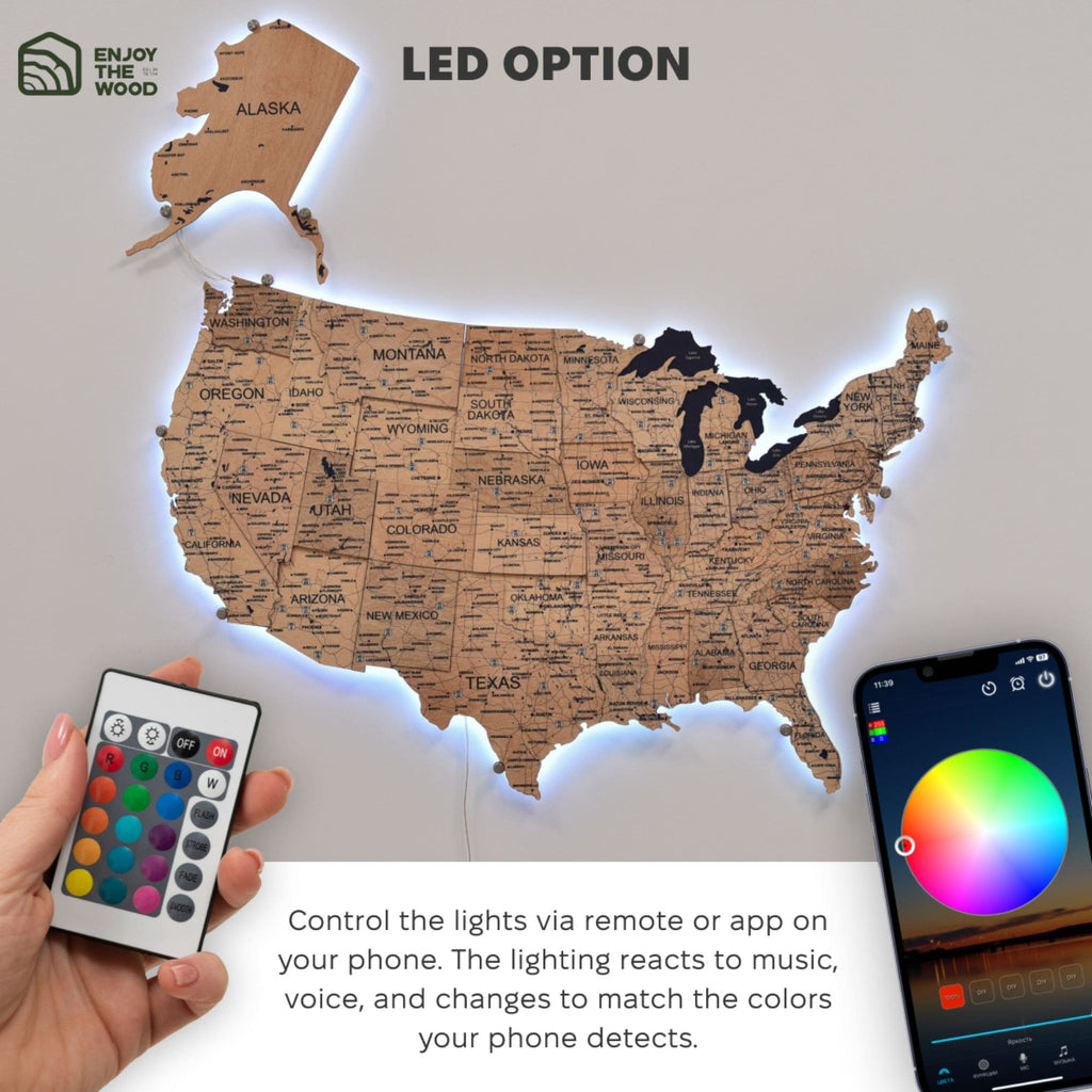 Wooden 3d LED Map of USA  - Gold - SJB-DIAMOND ELITES