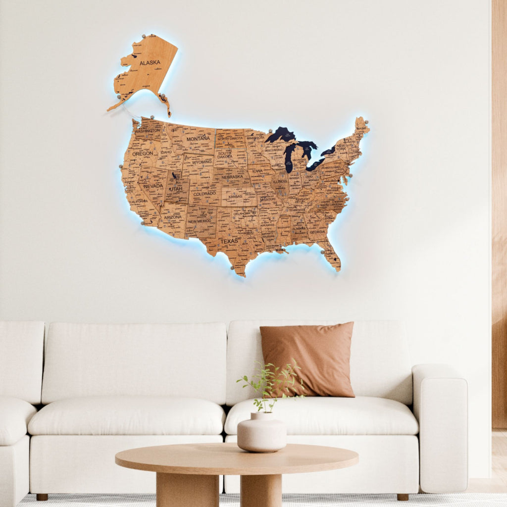 Wooden 3d LED Map of USA  - Gold - SJB-DIAMOND ELITES
