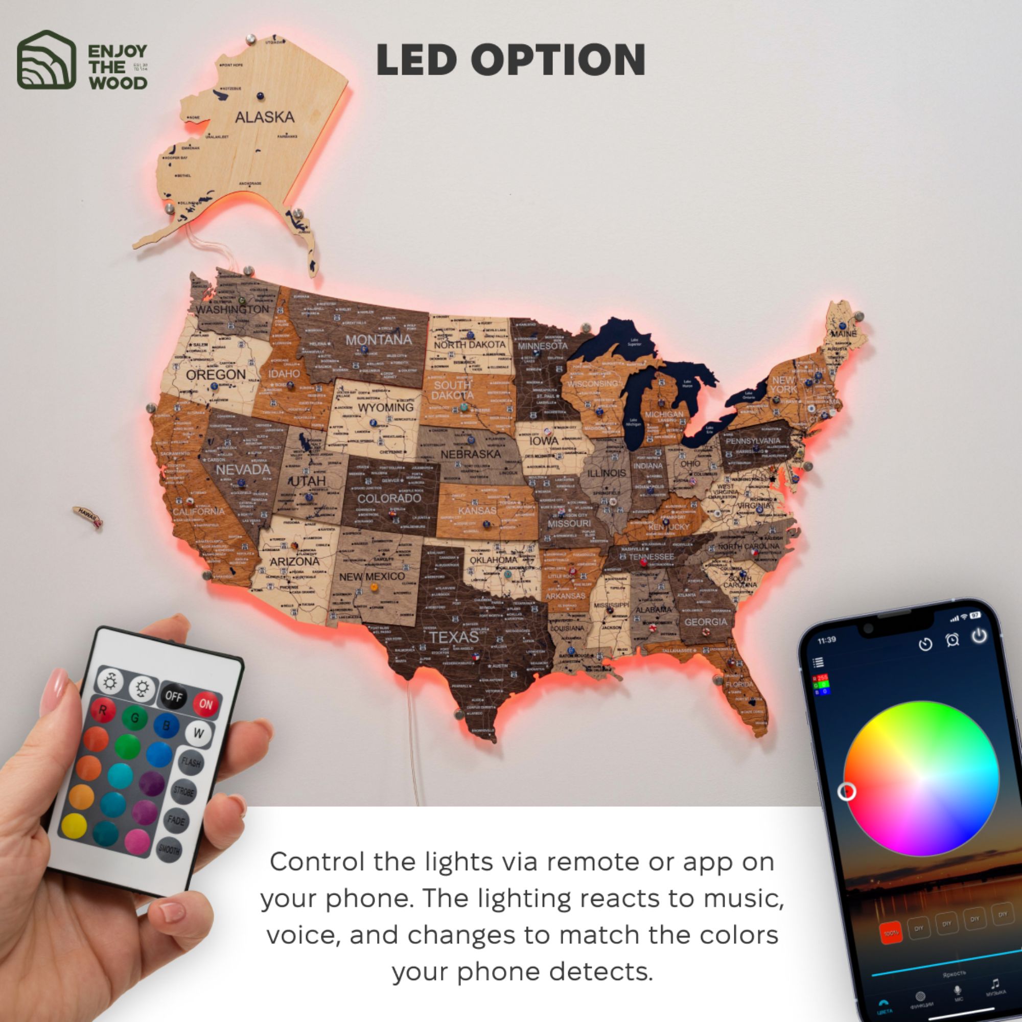 Wooden 3d LED Map of USA - Multicolor - SJB-DIAMOND ELITES