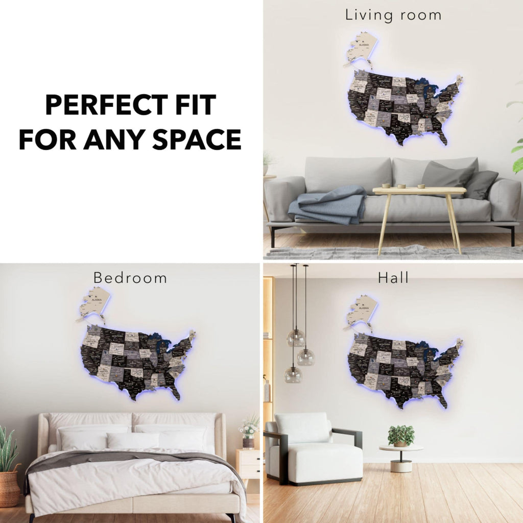 Wooden 3d LED Map of USA - Nordik - SJB-DIAMOND ELITES
