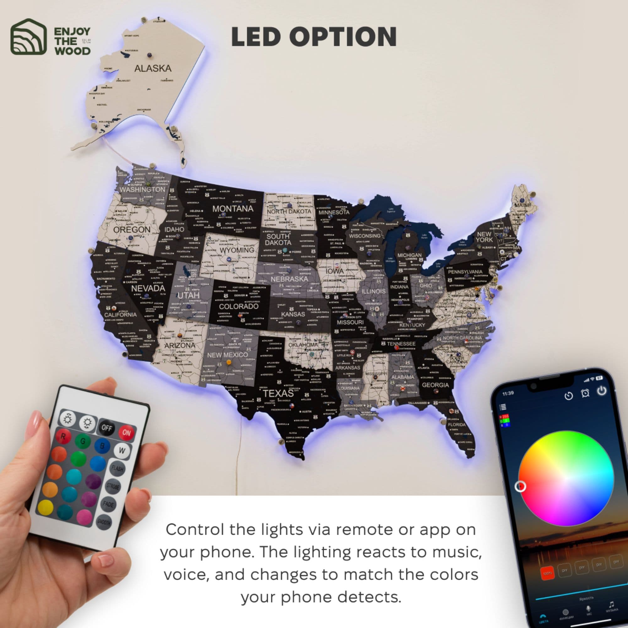 Wooden 3d LED Map of USA - Nordik - SJB-DIAMOND ELITES