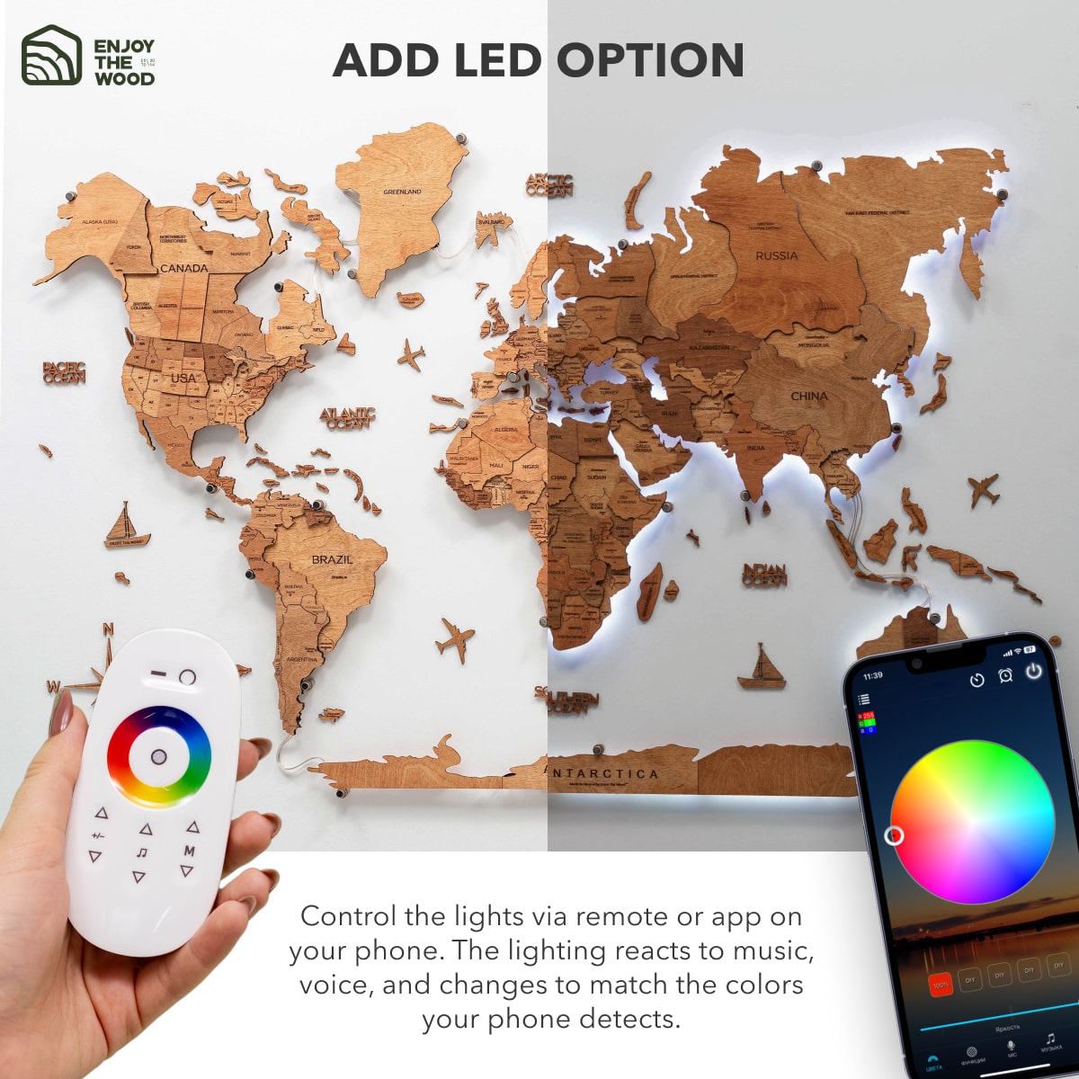 3D LED Wooden World Map 3.0 Oak - SJB-DIAMOND ELITES