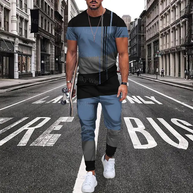 Men's Summer Tracksuit Stripe Print T-shirt Trousers Set Pi-Mart