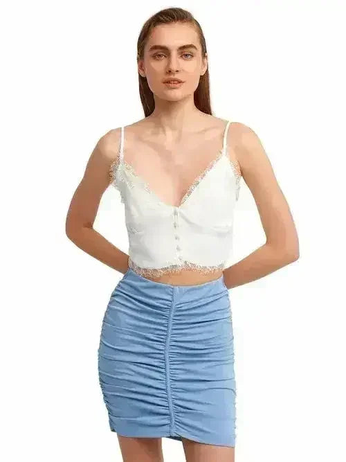 Lace Detail Crop Top | Rayon-Viscose Blend | Feminine Style - SJB-DIAMOND ELITES