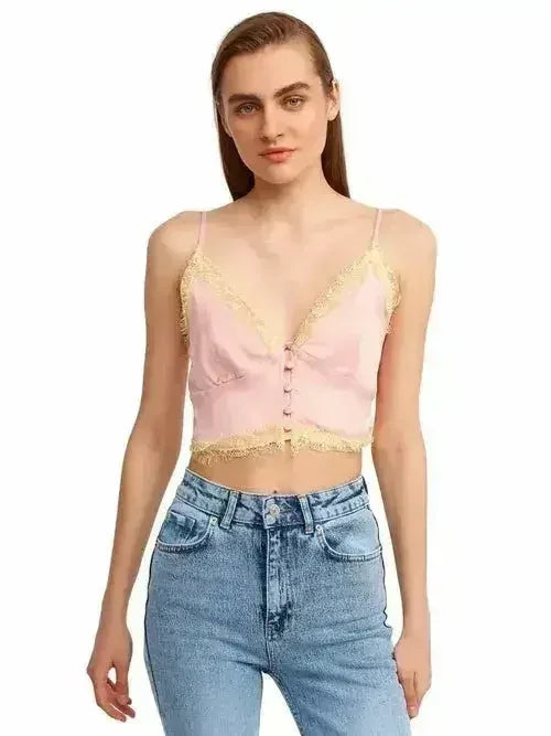 Lace Detail Crop Top | Rayon-Viscose Blend | Feminine Style - SJB-DIAMOND ELITES