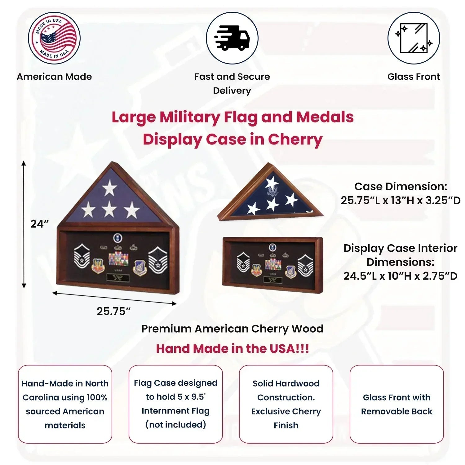 Large Flag and Military Medals Display Case - Cherry Wall Mount. The Military Gift Store