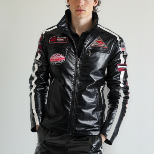 Mens Biker Vegan Leather Jacket With Badges - SJB-DIAMOND ELITES
