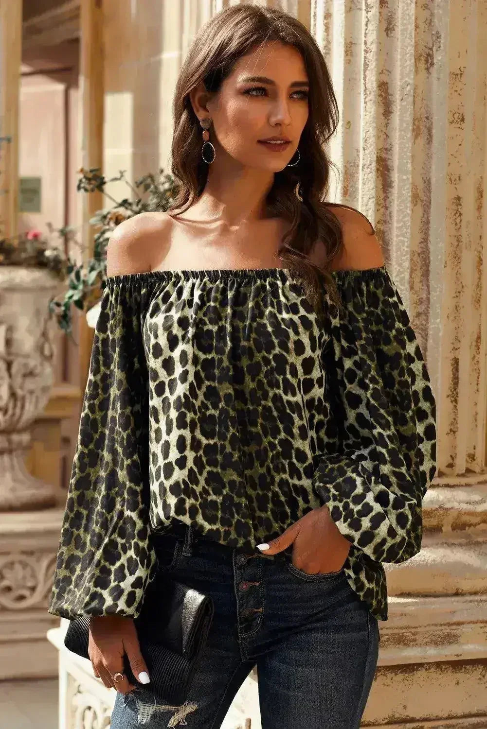 Leopard Print Long Sleeve Elastic Neck Off Shoulder Top | Femstylo - SJB-DIAMOND ELITES