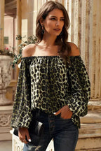 Leopard Print Long Sleeve Elastic Neck Off Shoulder Top | Femstylo - SJB-DIAMOND ELITES