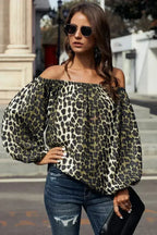 Leopard Print Long Sleeve Elastic Neck Off Shoulder Top | Femstylo - SJB-DIAMOND ELITES