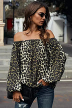 Leopard Print Long Sleeve Elastic Neck Off Shoulder Top | Femstylo - SJB-DIAMOND ELITES