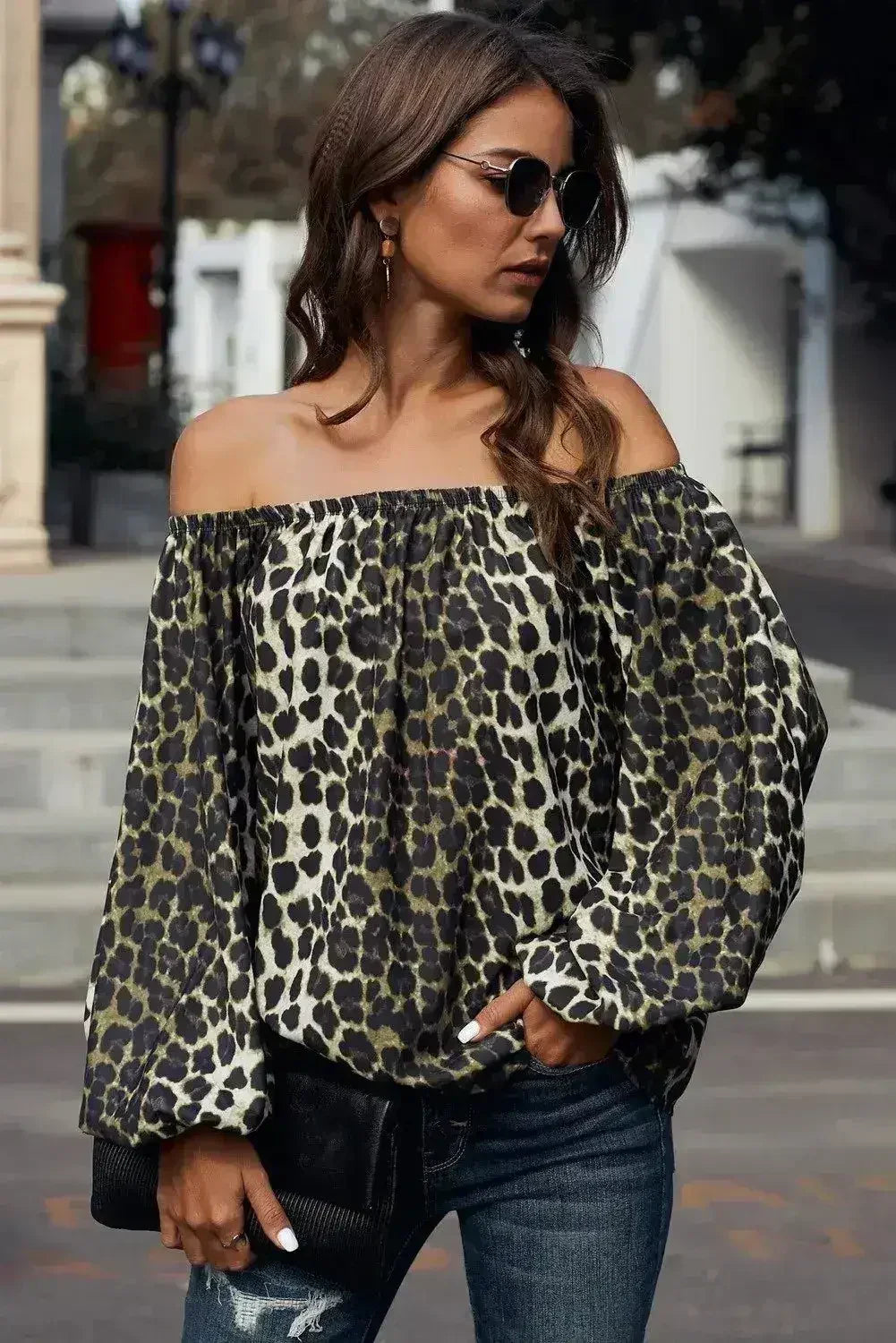 Leopard Print Long Sleeve Elastic Neck Off Shoulder Top | Femstylo - SJB-DIAMOND ELITES