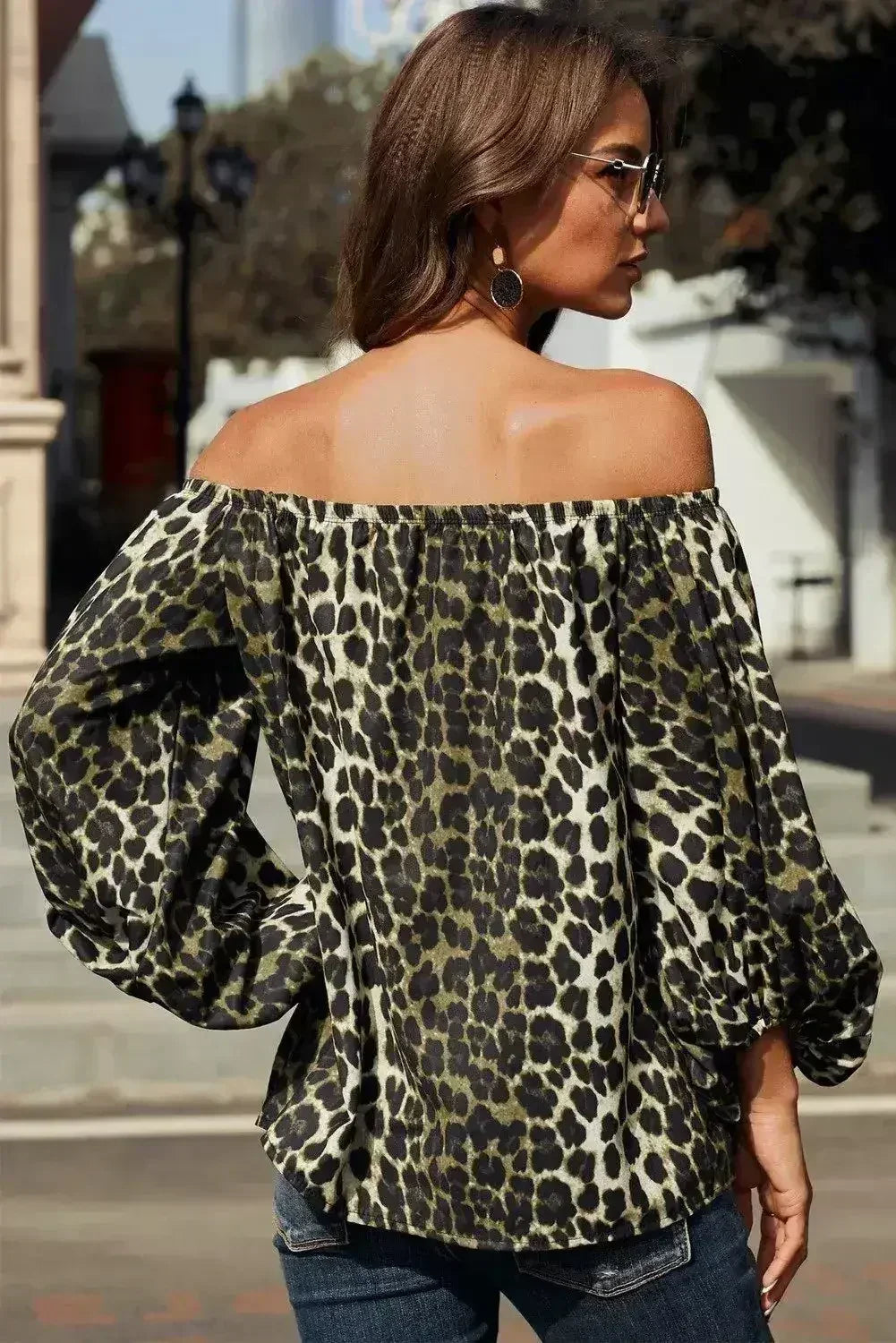 Leopard Print Long Sleeve Elastic Neck Off Shoulder Top | Femstylo - SJB-DIAMOND ELITES