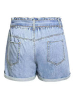 Women Light Blue Roll Hem Paper Bag Waist Denim Shorts