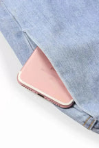 Women Light Blue Roll Hem Paper Bag Waist Denim Shorts