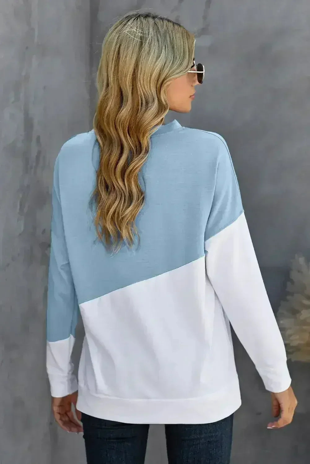 Light Blue White Patchwork Dropped Shoulder Sweatshirt - SJB-DIAMOND ELITES
