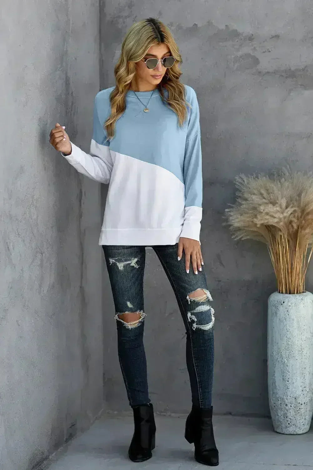 Light Blue White Patchwork Dropped Shoulder Sweatshirt - SJB-DIAMOND ELITES