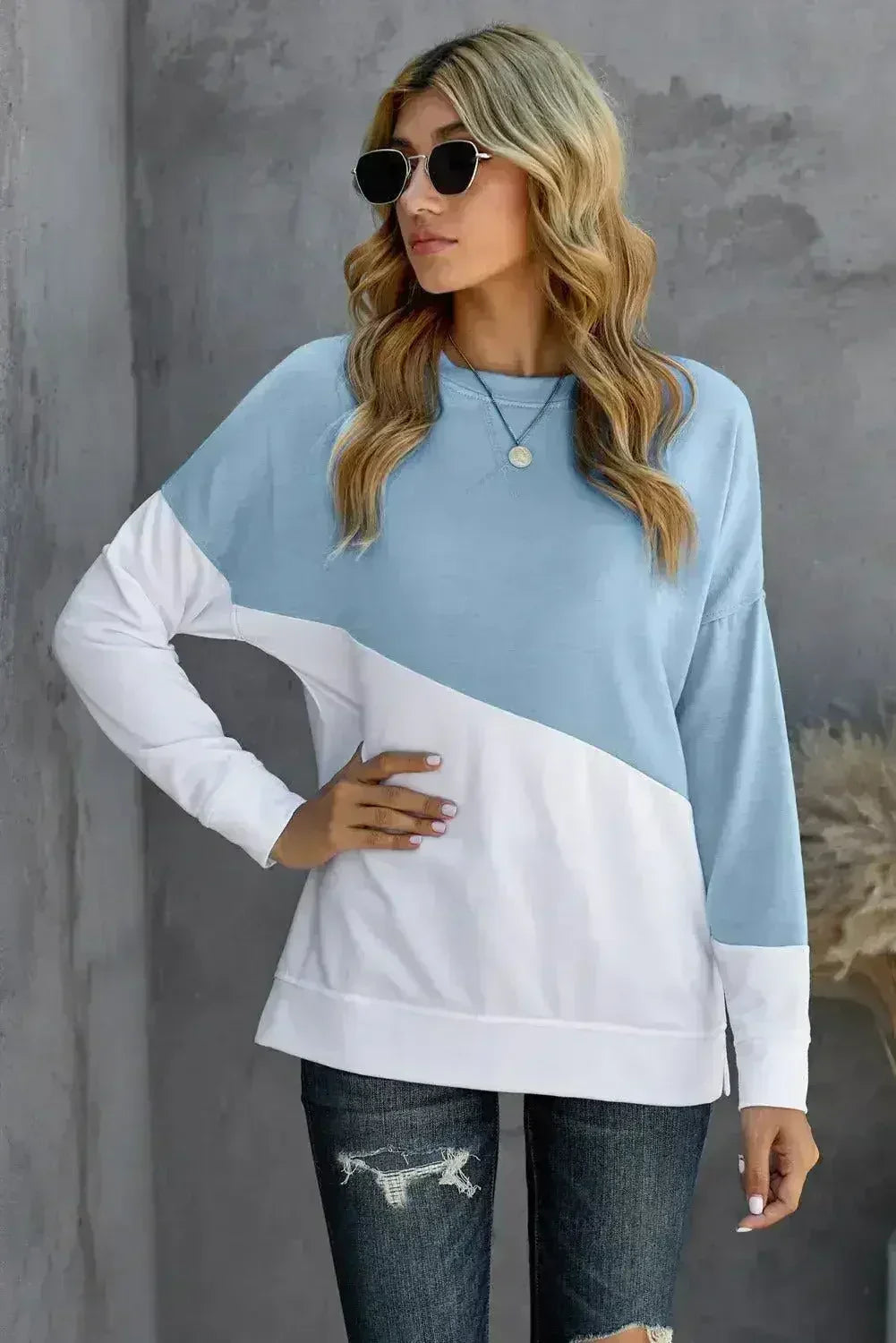 Light Blue White Patchwork Dropped Shoulder Sweatshirt - SJB-DIAMOND ELITES
