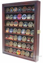 Lockable Military Challenge Coin Display Case Cabinet Rack Holder (Mahogany Finish) The Military Gift Store