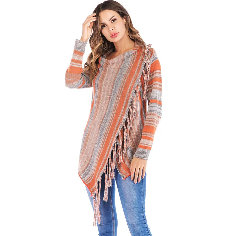 Long Striped Cardigan Coat For Women Poncho  Tassels Shawl Loose Sweater Knitted Cardigans  Casual Jacket Female Coat Autumn - SJB-DIAMOND ELITES