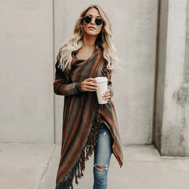 Long Striped Cardigan Coat For Women Poncho  Tassels Shawl Loose Sweater Knitted Cardigans  Casual Jacket Female Coat Autumn - SJB-DIAMOND ELITES