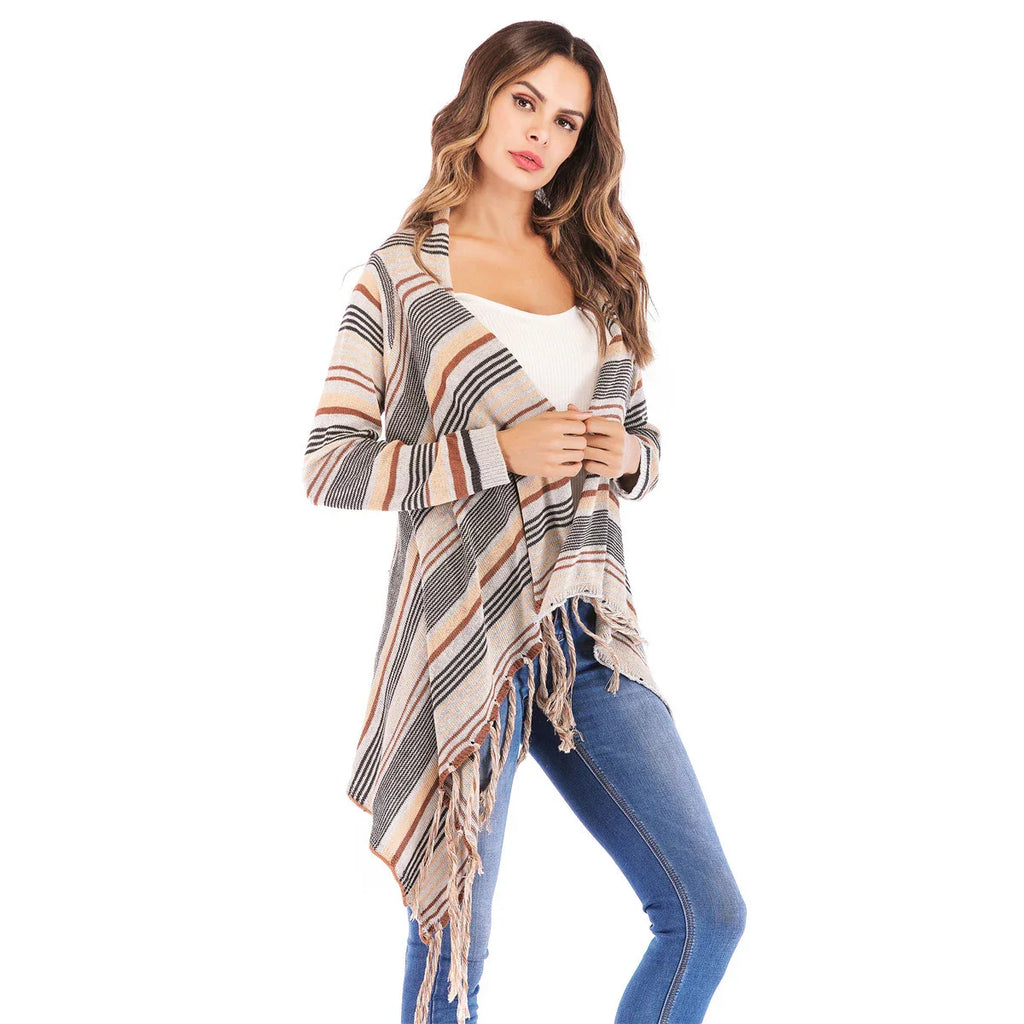 Long Striped Cardigan Coat For Women Poncho  Tassels Shawl Loose Sweater Knitted Cardigans  Casual Jacket Female Coat Autumn - SJB-DIAMOND ELITES