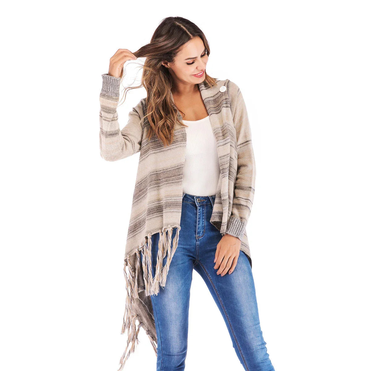 Long Striped Cardigan Coat For Women Poncho  Tassels Shawl Loose Sweater Knitted Cardigans  Casual Jacket Female Coat Autumn - SJB-DIAMOND ELITES