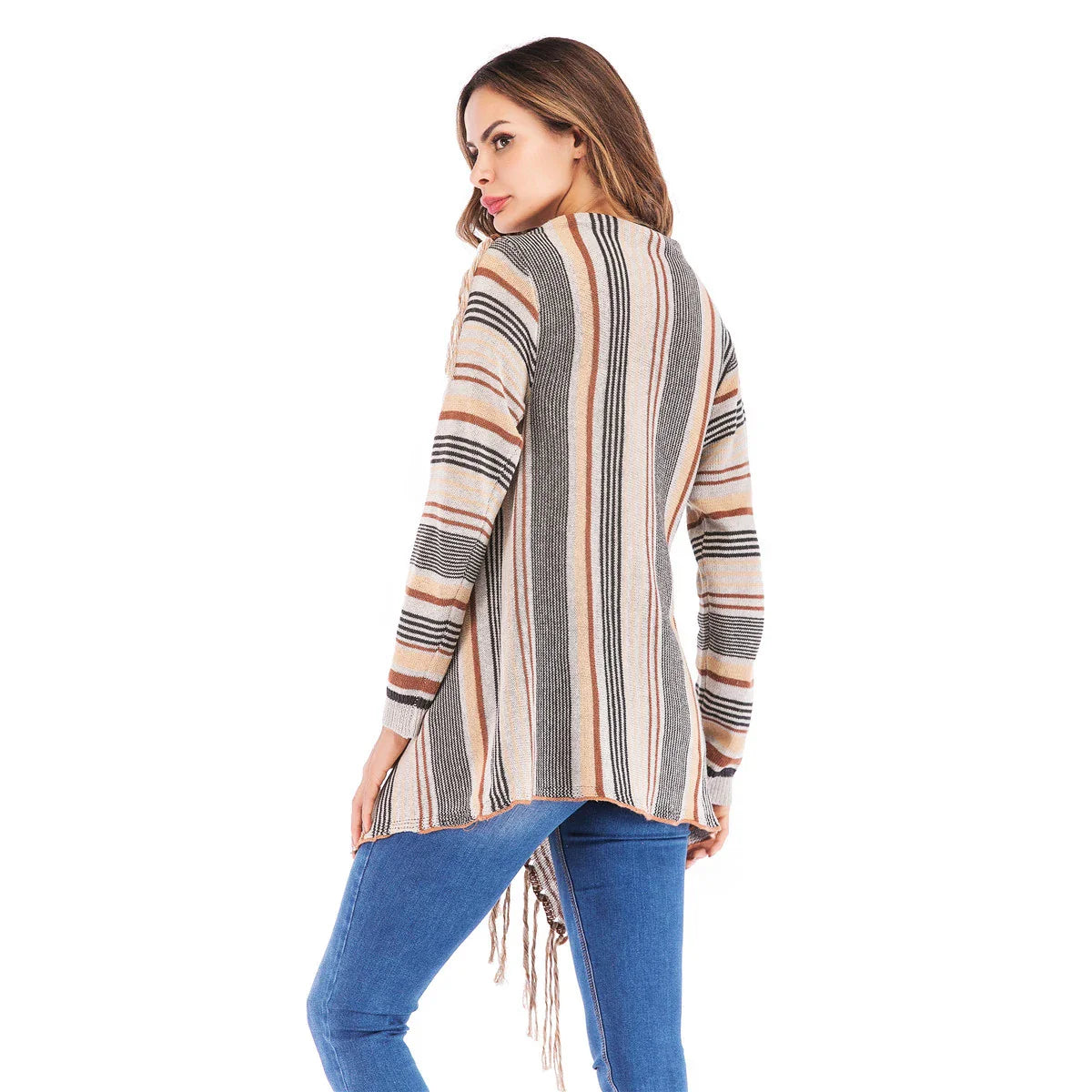 Long Striped Cardigan Coat For Women Poncho  Tassels Shawl Loose Sweater Knitted Cardigans  Casual Jacket Female Coat Autumn - SJB-DIAMOND ELITES