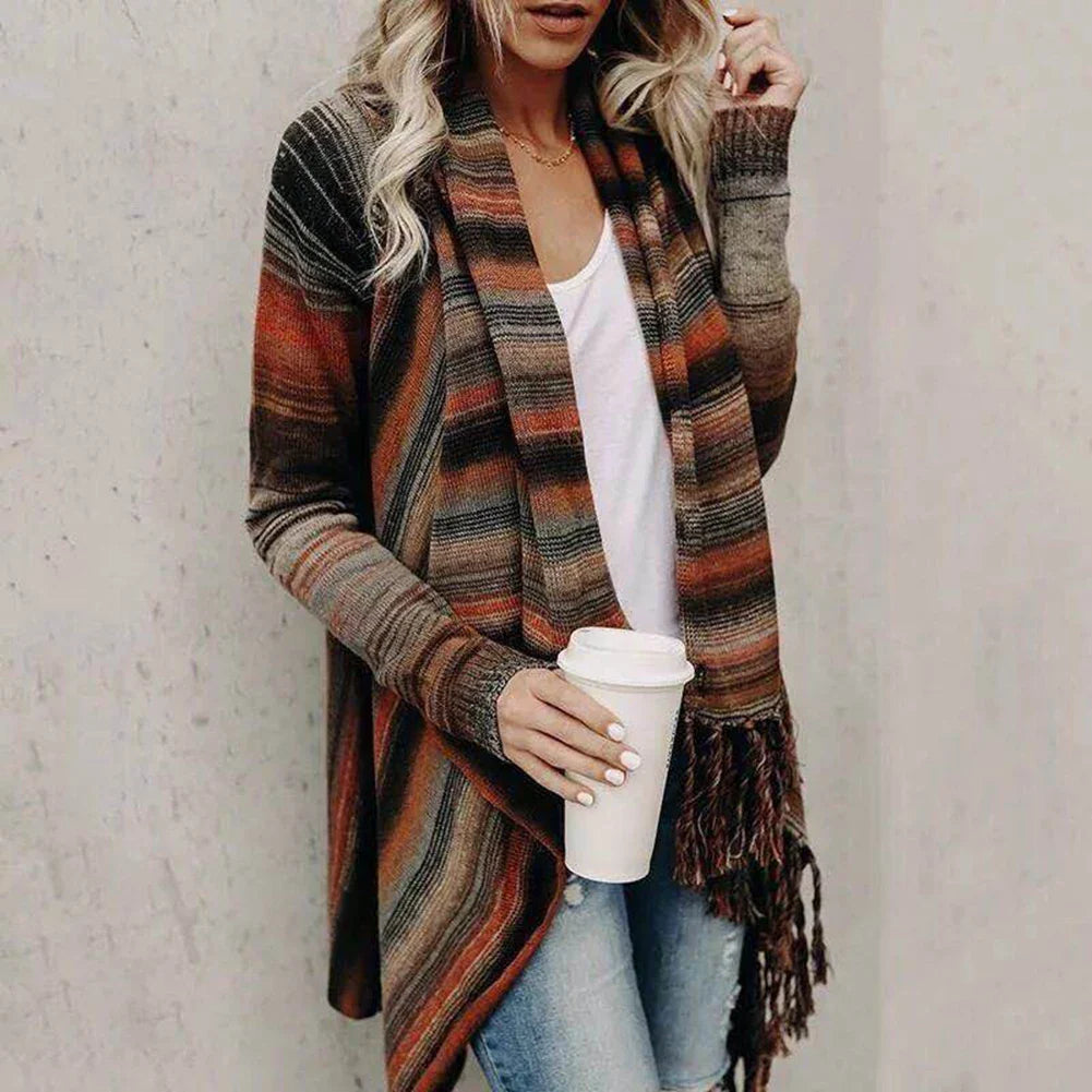 Long Striped Cardigan Coat For Women Poncho  Tassels Shawl Loose Sweater Knitted Cardigans  Casual Jacket Female Coat Autumn - SJB-DIAMOND ELITES
