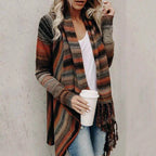 Long Striped Cardigan Coat For Women Poncho  Tassels Shawl Loose Sweater Knitted Cardigans  Casual Jacket Female Coat Autumn - SJB-DIAMOND ELITES