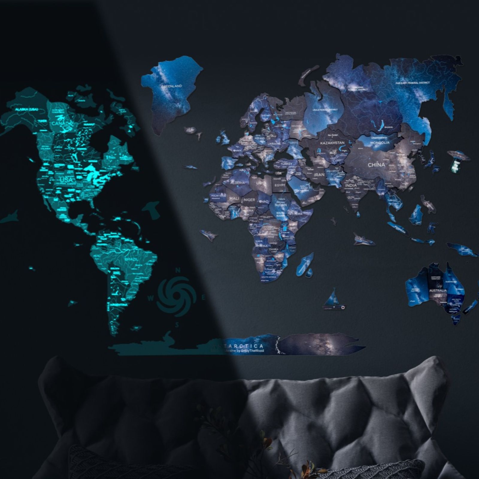 3D Luminous/Magnetic Colored Wooden World Map Space - SJB-DIAMOND ELITES