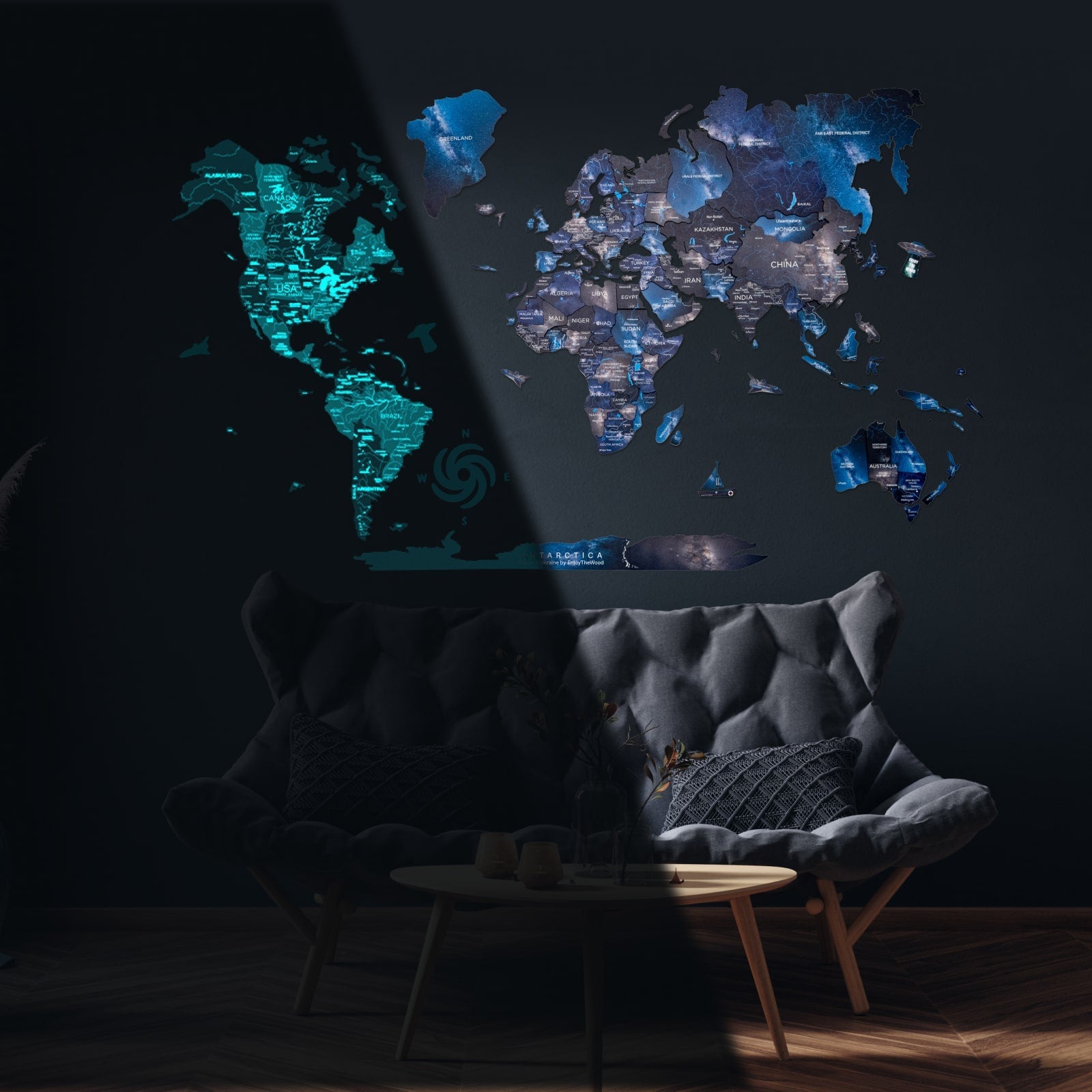 3D Luminous/Magnetic Colored Wooden World Map Space - SJB-DIAMOND ELITES
