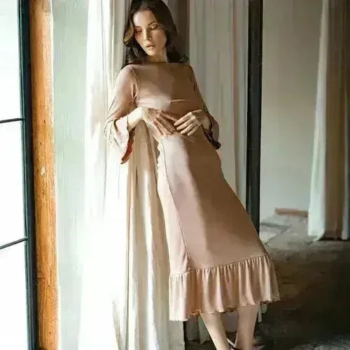 MARJORIE Ruffle Rib Dress, in Camel Brown