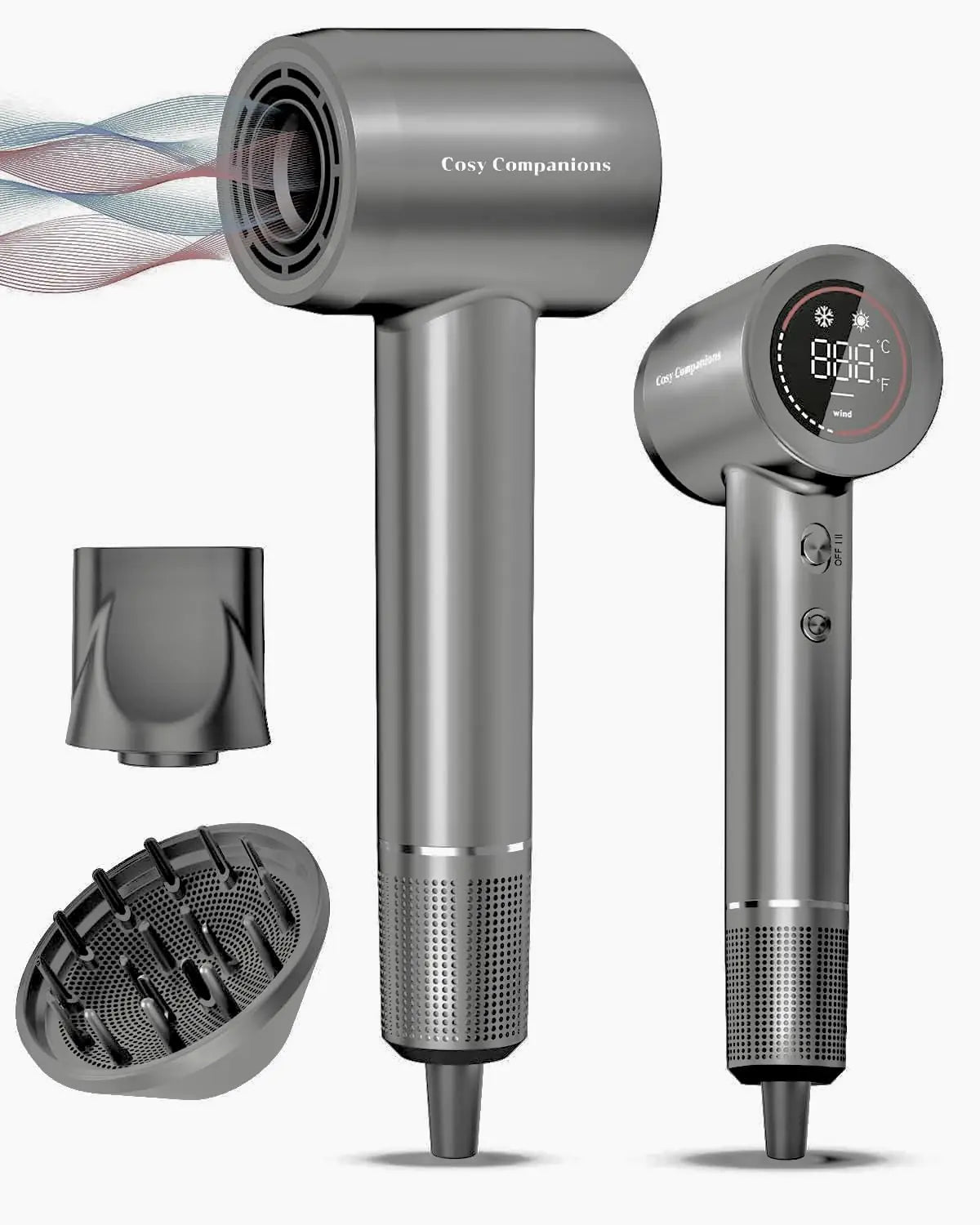 Hair Dryer with Diffuser and Nozzle 5 Temps & 2 Speeds Smoky Grey Lootquake LLC