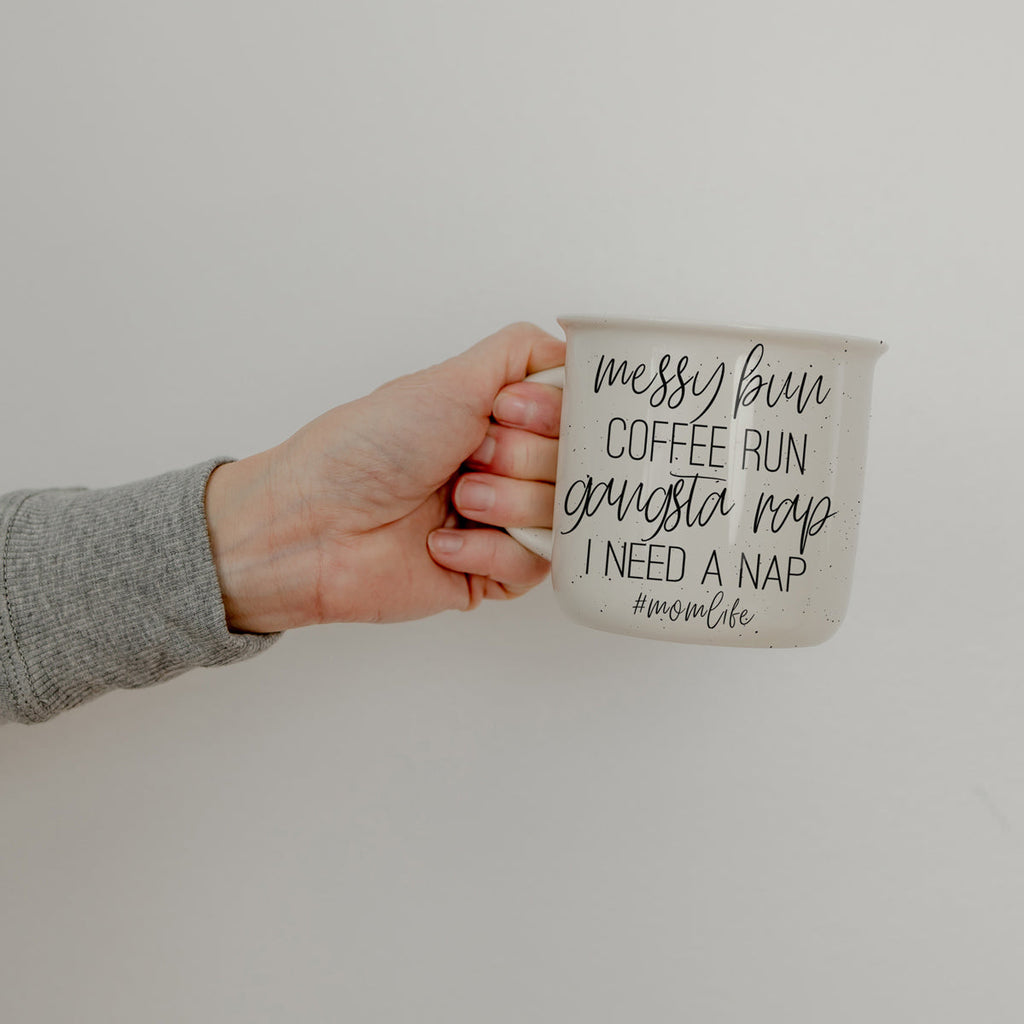 Messy Bun Coffee Run 14.5oz Ceramic Campfire Mug Double-Sided Speckled BandsCo Straps