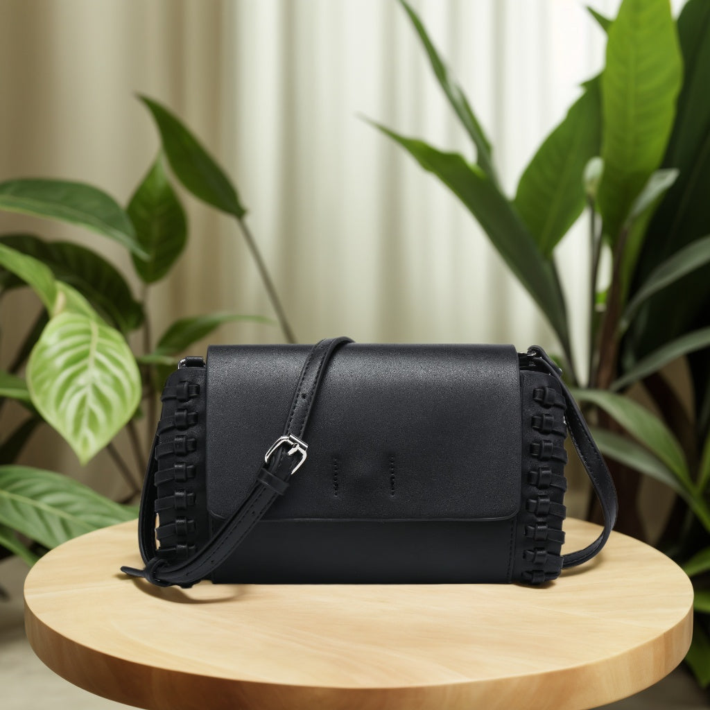 Silver Small Crossbody Bag Tan Compact Black Square Purse With Handcrafted Weave detail - SJB-DIAMOND ELITES