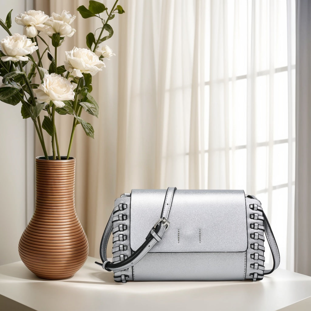 Silver Small Crossbody Bag Tan Compact Black Square Purse With Handcrafted Weave detail - SJB-DIAMOND ELITES