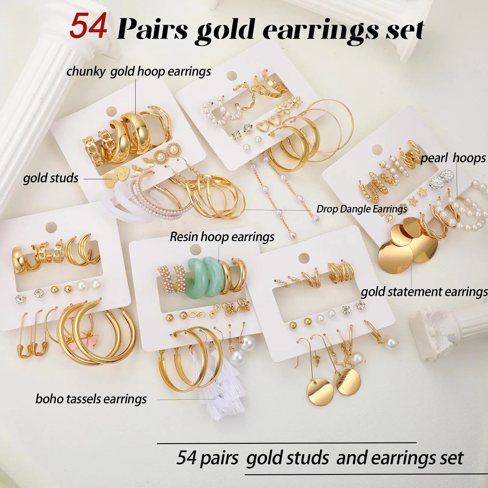 42 Pairs Gold Hoop Earrings Set for Women, Fashion Chunky Pearl Earrings Multipack Twisted Statement Earring Pack, Hypoallergenic Small Big Hoops Earrings for Birthday Party (Gold-54 pairs) Gold-54 pairs Pi-Mart