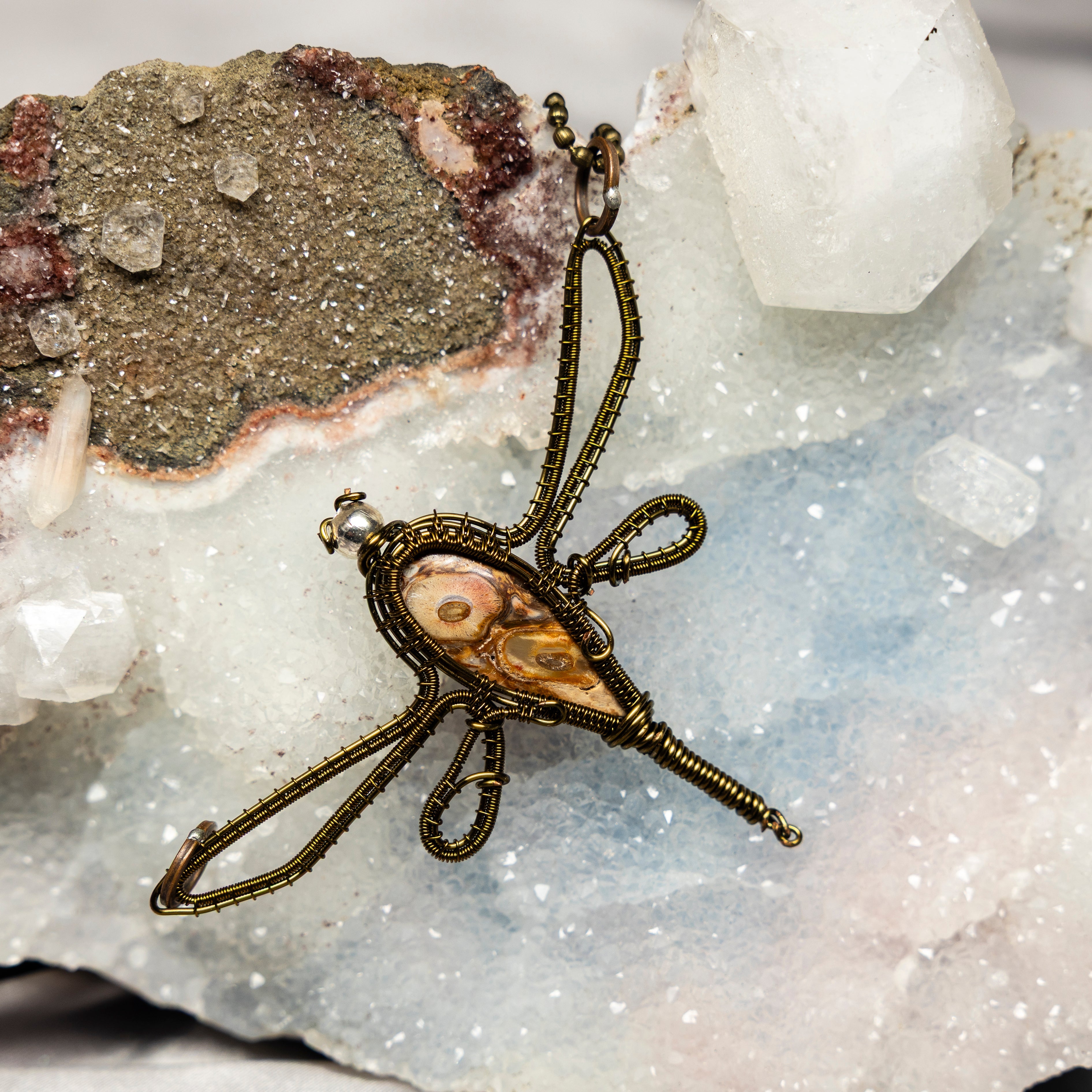 Mexican Agate "Dragonfly" Wire Wrap Crystal Pendant - SJB-DIAMOND ELITES