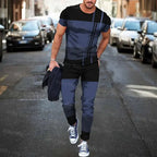 Men's Summer Tracksuit Stripe Print T-shirt Trousers Set Pi-Mart