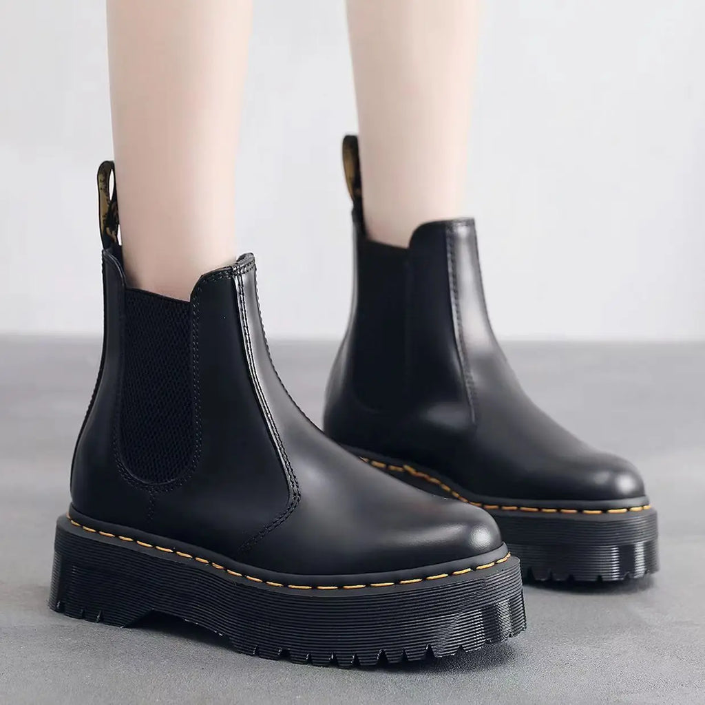 Minimalist Front Lace-up Combat Boots 5Cm Chunky Heel Platform Women Boots British Style Thick Sole Increase Height Casual Boots - SJB-DIAMOND ELITES